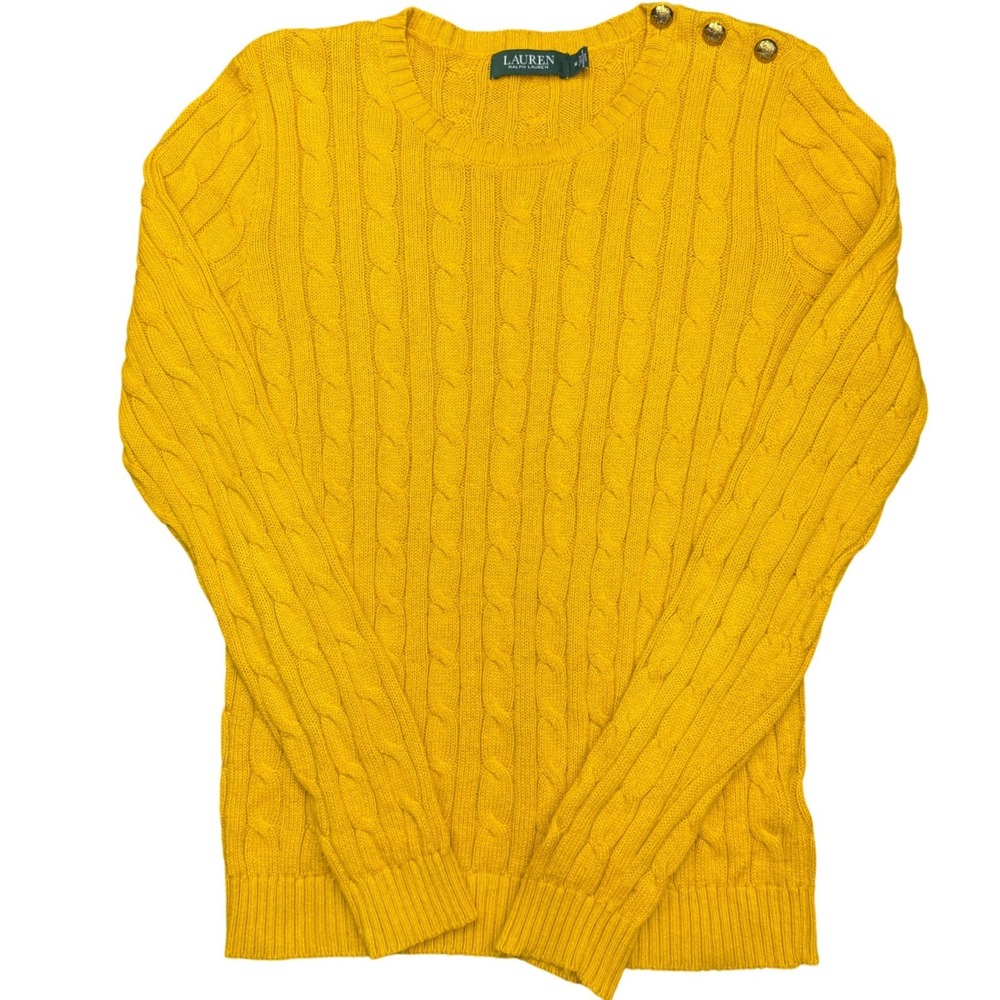 Lauren Ralph Lauren‎ Mustard Cable Knit Sweater Gold Button Shoulder Medium